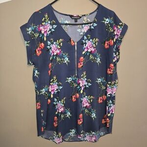 Express Women's Blue Multicolor Tropical Floral Print Zip Front Blouse Large